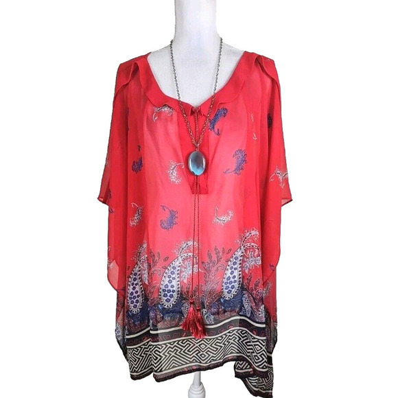 Lane Bryant ~Woman Plus Size 22/24~ Red/Blue Pull-On Kimono Sheer Boho. - Picture 1 of 9